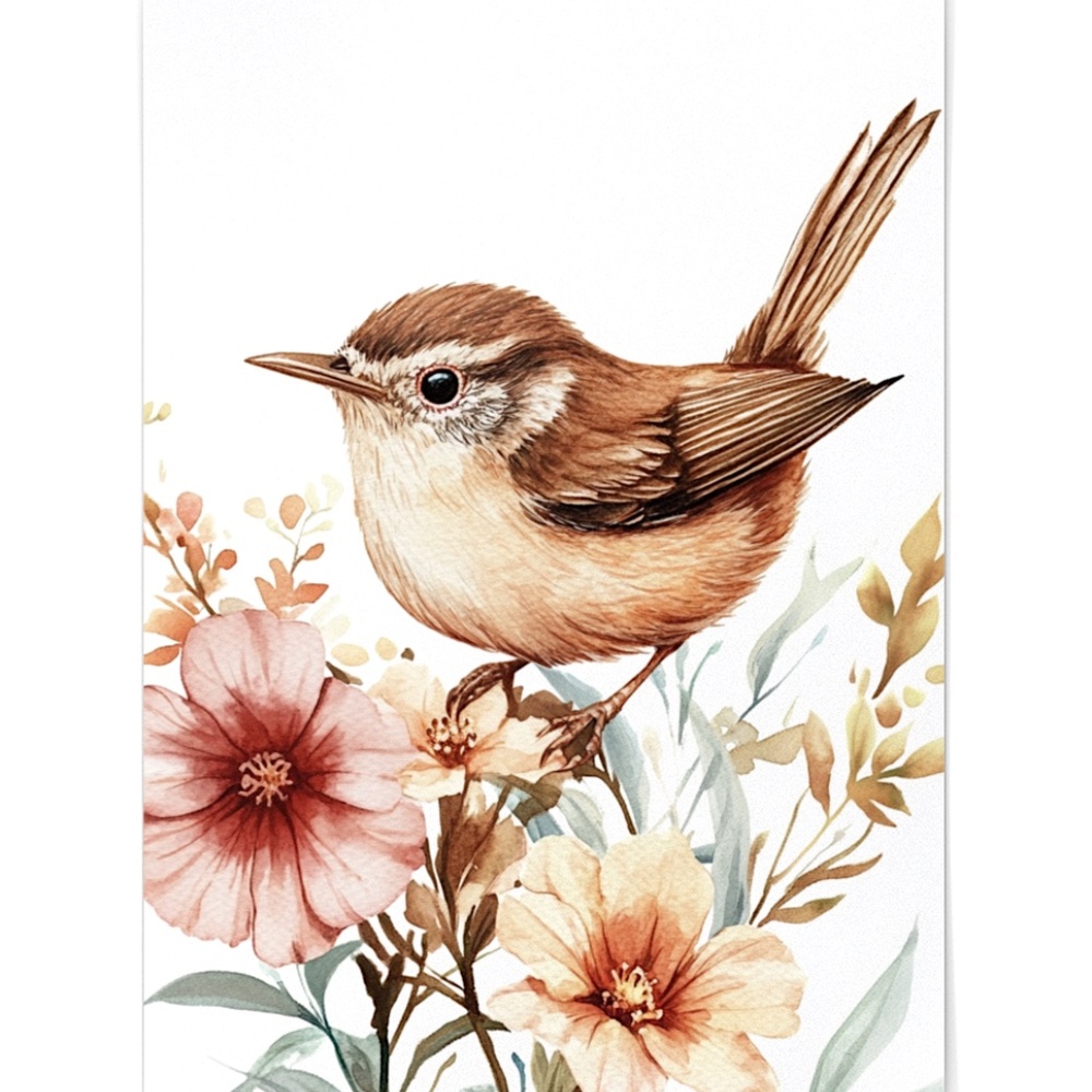 Watercolor Wren Bird Portrait Wall Art Illustration Print Poster Unframed - Picture 2 of 9